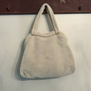 True Vintage Purse Corde Bead Hand Bag Hinge Handbag Ivory